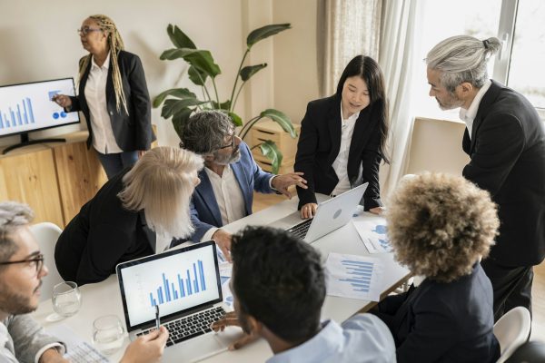 group of diverse workers in a meeting in the office